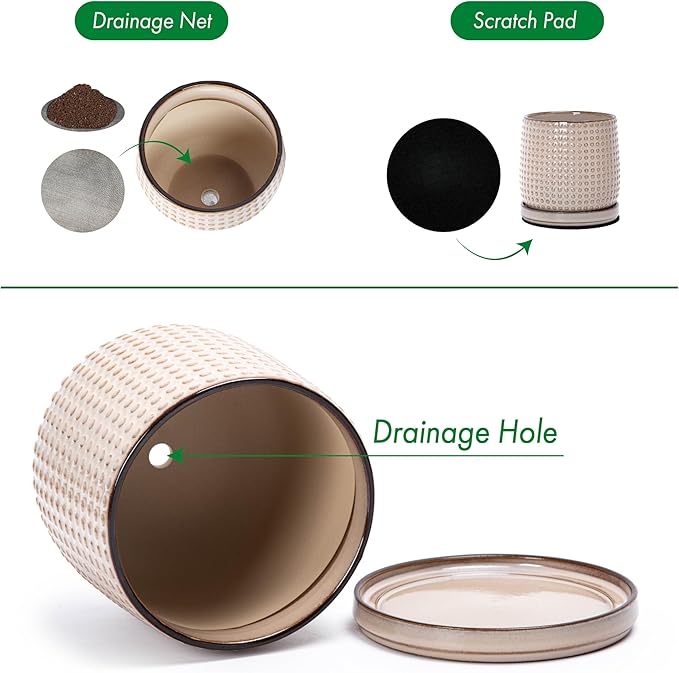 D'vine Dev Set of 2 Ceramic Plants Pots, 4 Inch Beaded Stoneware Flower Pot for Plants with Drainage Hole and Saucer, Light Brown, 27-E-Z-4