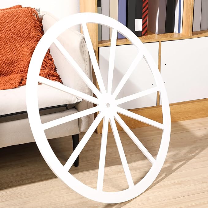 Wood Wagon Wheel Decorative Old Western Style Wagon Wheel Decor Vintage Rustic Wall Hanging Wood Cartwheel Decor for Garden Bar Patio Garage Farmhouse(24 Inch,Old White)
