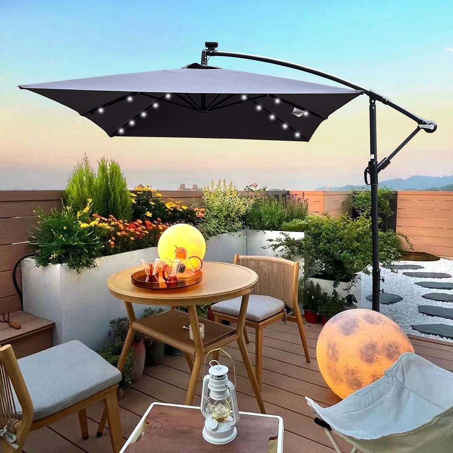 10x6.5FT Patio Umbrella, Outdoor Offset Umbrella with Cross Base and Crank, Rectangular Cantilever Umbrella with Solar Lights, Hanging Market Umbrella with 6 Rids for Pool, Deck, Backyard (Anthracite)
