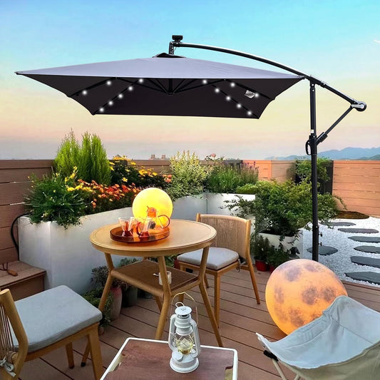 10x6.5FT Patio Umbrella, Outdoor Offset Umbrella with Cross Base and Crank, Rectangular Cantilever Umbrella with Solar Lights, Hanging Market Umbrella with 6 Rids for Pool, Deck, Backyard (Anthracite)