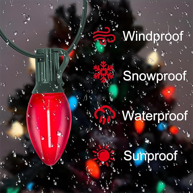 C7 LED Multicolor Christmas String Lights, 25FT with 27 Clear Bulbs, Hanging Outdoor Christmas Decorations for Tree, Patio, Garden, Yard