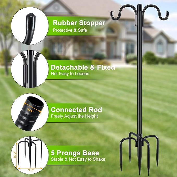 Gtongoko Double Shepherds Hook for Outdoor, 77 Inch Heavy Duty Bird Feeder Pole 3/4 Inch Thick Garden Hooks for Hanging Hummingbird Feeder, Plant Baskets, Solar Light Lanterns, 1 Pack