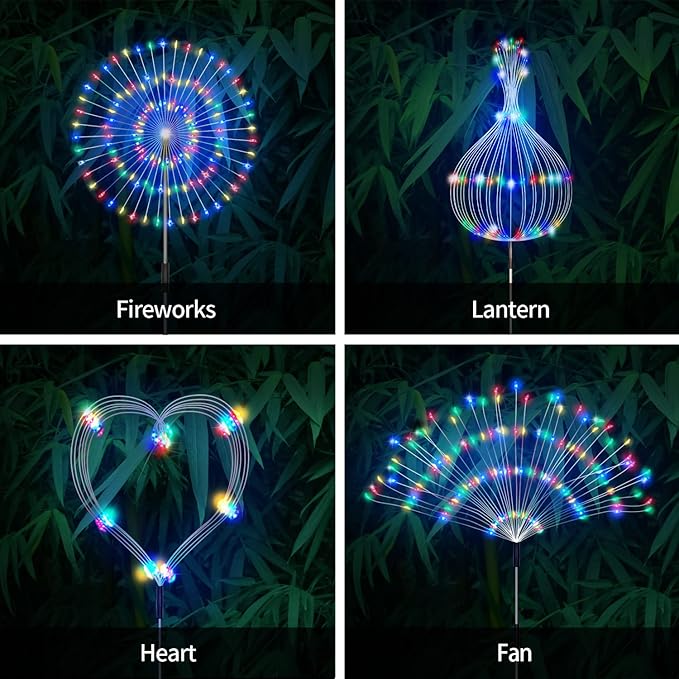 Outdoor Solar Garden Lights, 4 Pack 120 LED Copper Wire Waterproof Garden Fireworks Lamp with Remote, 8 Modes Decorative Sparkles Stake Landscape Light for Pathway Lawn Decor (Colorful)