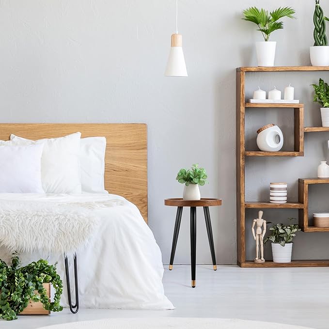 Plant Stand Indoor,Mid Century Walnut Wood Plant Table, Heavy Duty Metal Tall Flower Pot Stand,Modern Round Small Side End Table with Raised Design(12"x17")