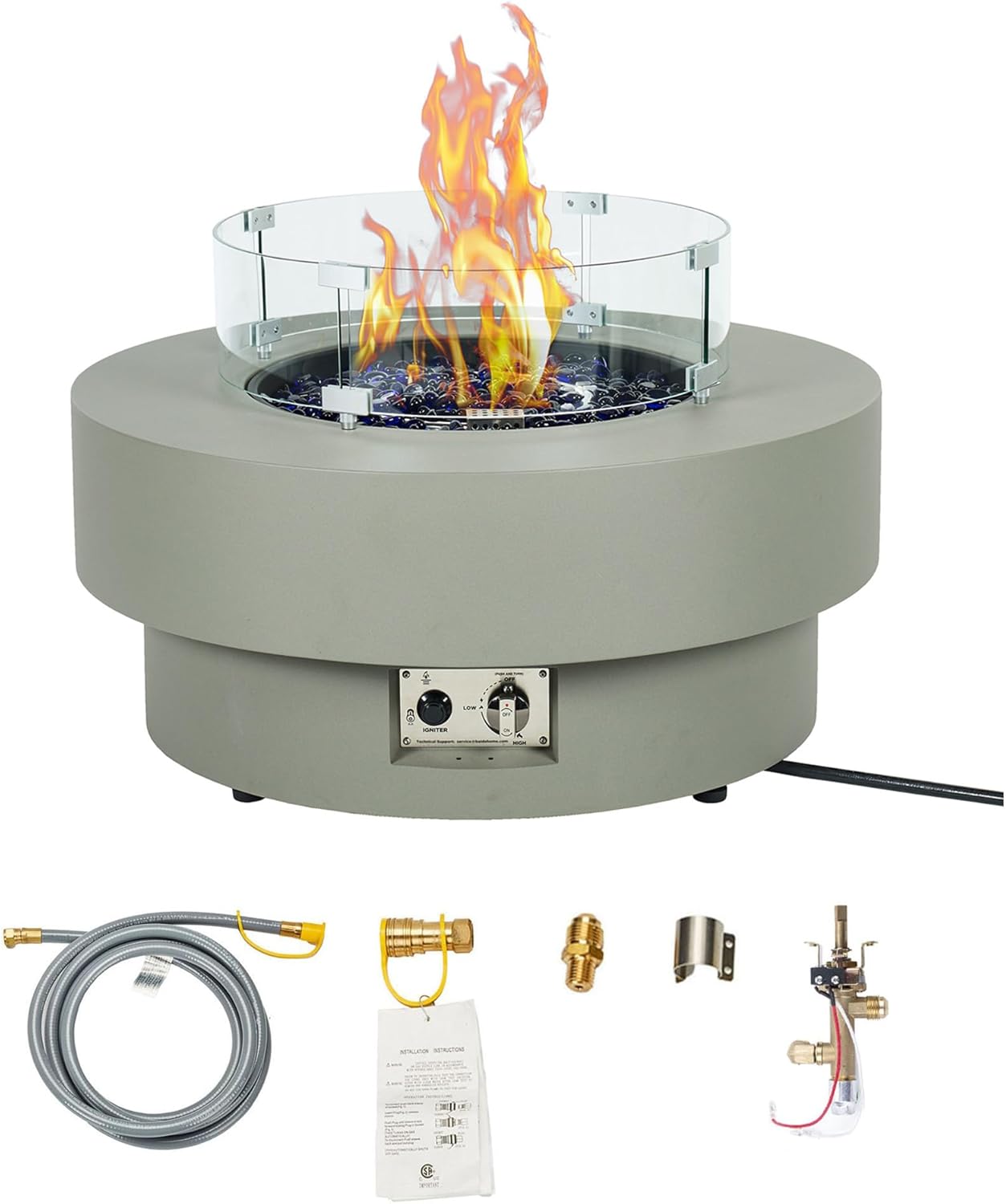 32.5-inch Outdoor Gas Fire Pit Table with Natural Gas Conversion Kit & Wind Glass Shield, 50,000BTU Propane Gas Fire Pits for Outside Patio w/Round Burner Lid, Glass Rocks, Cover