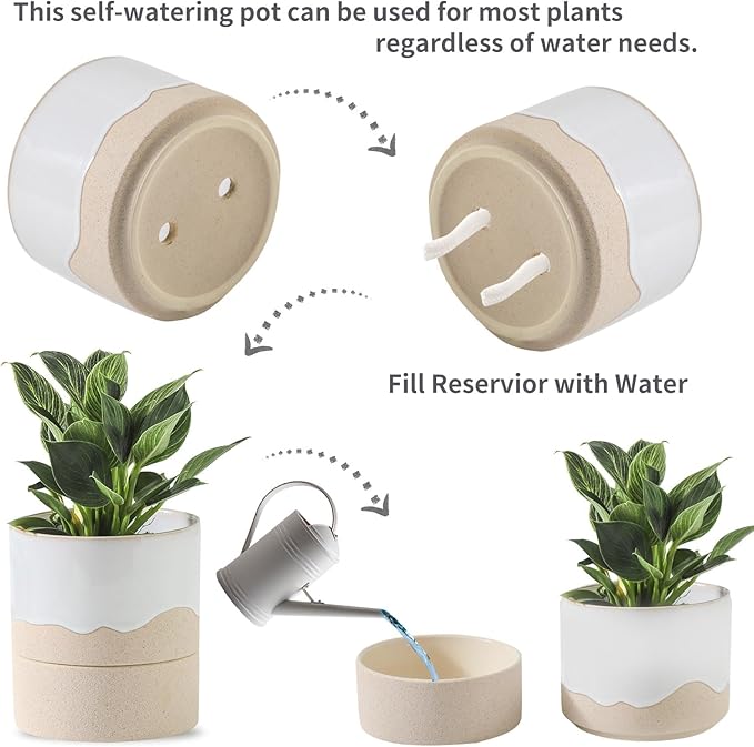 Nihow Self Watering Plant Pot for Indoor Plants: 4.5+6 Inch Ceramic Planter with Drainage Hole & Water Storage Plus - Cylinder Flower Pot with Wick for Herbs -White & Nature