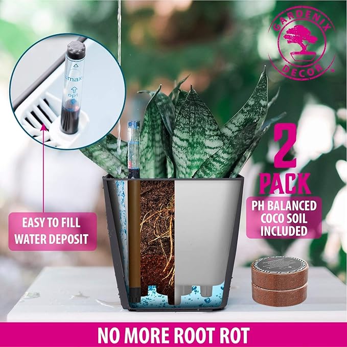 GARDENIX DECOR 5" Self Watering pots for Indoor Plants - Flower Pot with Water Level Indicator for Plants, Grow Tracking Tool - Self Watering Planter Plant Pot – 2 Pack Gray
