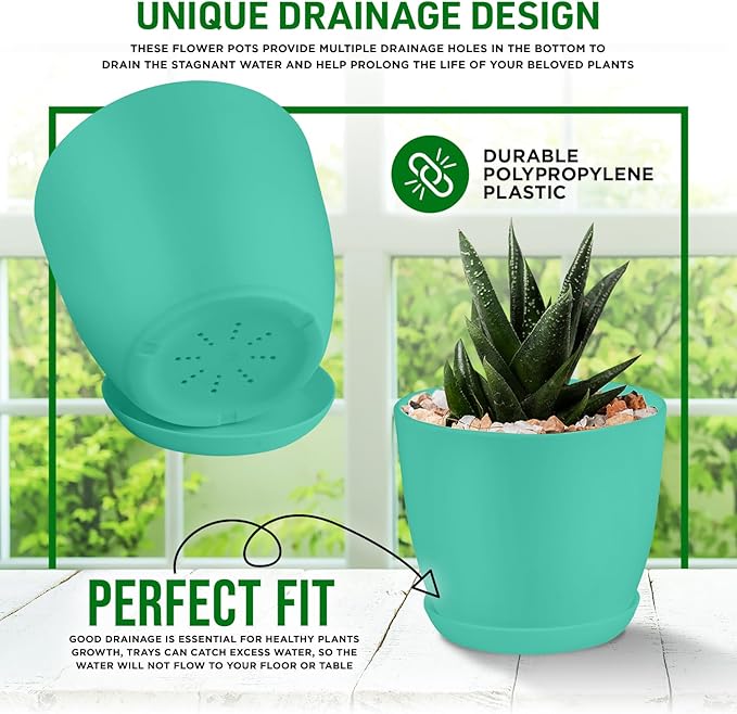 Planter Pots with Drainage Holes - Lightweight, Durable, and Space-Saving Pots for Indoor and Outdoor - Versatile Functionality, Simple Modern Design, Set of 20 Plastic Planter Pots - Aqua