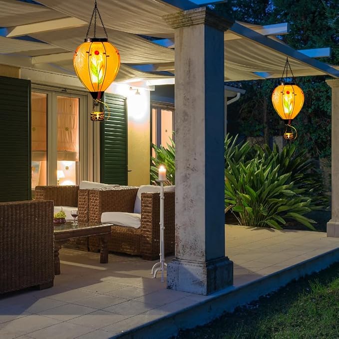 Starsoul Large Solar Hot Air Balloon Lantern with Flame Sunflower Glass Hanging Outdoor Hot Air Balloon Solar Light Waterproof Garden Patio Yard Party Decorations