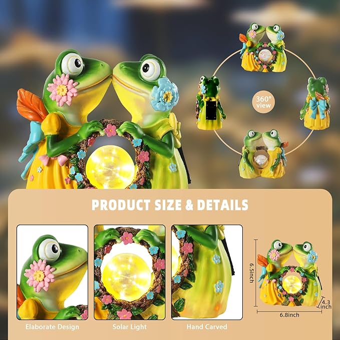 Solar Garden Decor Statue 6.5" Resin Kissing Frog Figurines with Glass Ball Waterproof Frog Decor for Outside Yard Patio Porch Decoration Gift for Mom Grandma Wife