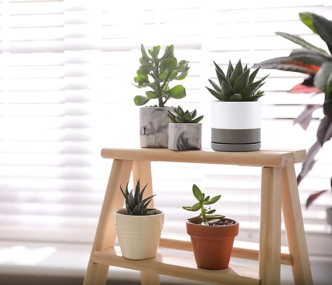 D'vine Dev 4.6 Inch & 6 Inch Ceramic Planter Pots for Plants with Drainage Hole and Saucer, Small Plant Pots Set, White/Speckled Grey, 94-G-S-6