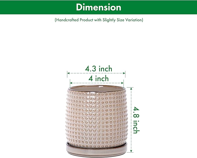 D'vine Dev Set of 2 Ceramic Plants Pots, 4 Inch Beaded Stoneware Flower Pot for Plants with Drainage Hole and Saucer, Light Brown, 27-E-Z-4