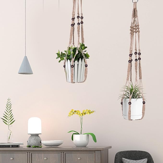 Macrame Plant Hanger Indoor Hanging with Wood Beads Macrame Planters No Tassel for Indoor Outdoor Boho Home Decor 35 Inch(Brown, 2)