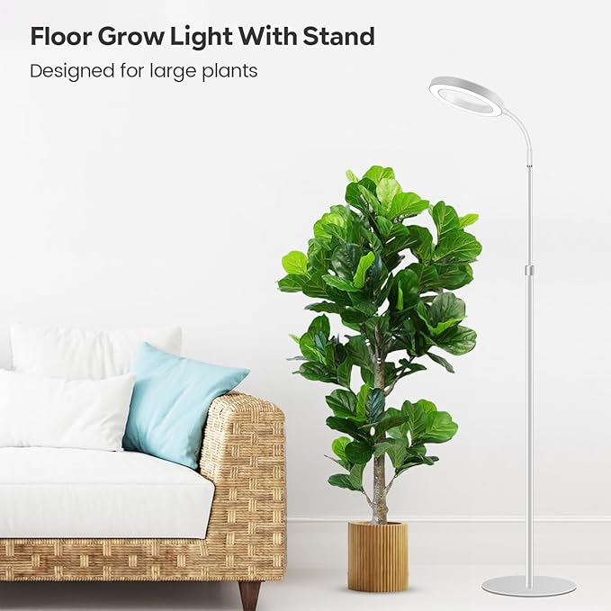 Garpsen Grow Light, Full Spectrum LED Plant Lights with Stand, 3 Color Modes Floor Grow Lamp with Timer 6/12/16H, 5 Dimmable Levels, 67'' Adjustable Height for Indoor Large Plants(White)