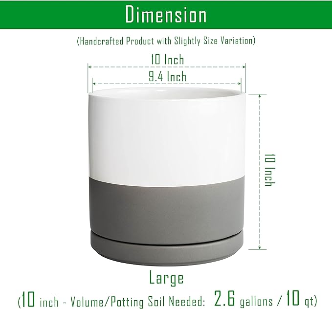 D'vine Dev Set of 2 Plants Pots, 10 Inch Ceramic Planter Pot for Plants with Drainage Hole and Saucer, White/Speckled Grey, 94-V-E-6