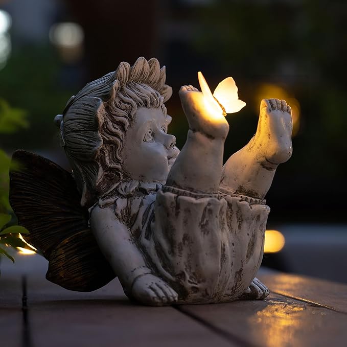 Garden Fairy Outdoor Solar Decor,Fairy Garden,Garden Sculpture,Resin Ornaments for Patio Lawn Yard Porch,Playful Garden Flower Fairy Statues for Outside Angel Gifts,7.91 Inches Tall