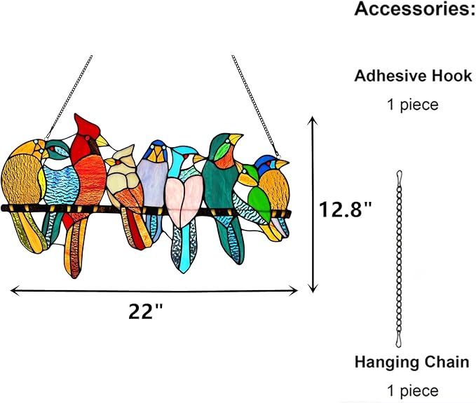 Stained Glass Birds Window Hangings, 9 Multicolor Stained Glass Birds on Branch Suncatcher, Handmade Tiffany Style Glass Birds Lovers Gifts Decor for Mother, Women