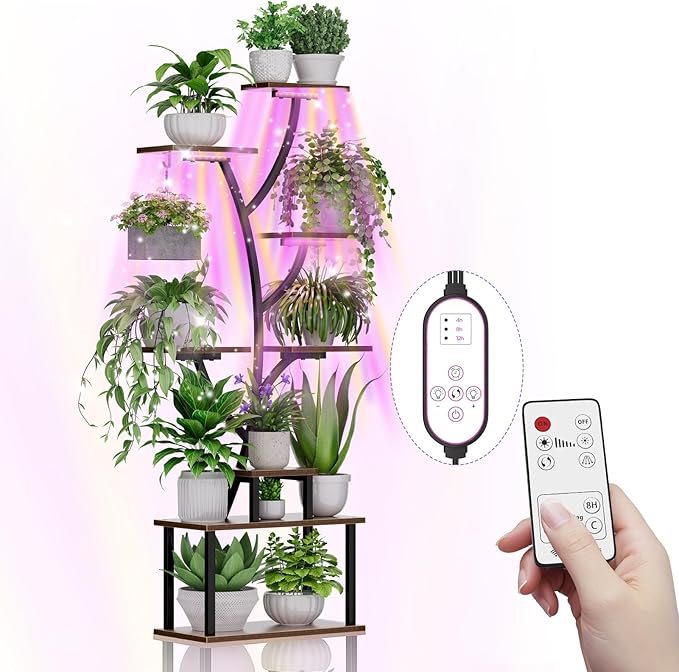 Plant Stand Indoor, 8 Tiered 64" Tall Plant Stands with Grow Lights, Metal Plant Shelf for Multiple Plants, Corner Plant Stand, Modern Home Decor for Living Room, Patio