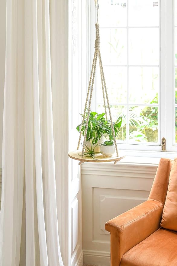 Dahey Hanging Plant Shelf Round Wood Rope Hanging Floating Shelf Vintage Home Decor Display Planter Rack for Living Room Bedroom Kitchen Room,Nature