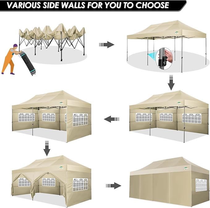 COBIZI 10x20 Canopy with Sidewalls, Heavy Duty Party Tent Pop up carpas para Fiestas, Tents for Parties, Wedding, Outdoor Easy Pop up Foldable Portable Canopy Tent with Wheeled Bag, Khaki Upgrade