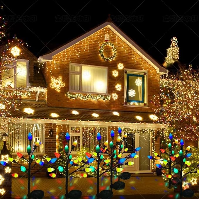 C7 Solar Christmas Lights Outdoor, 4Pack Christmas Pathway Lights with 48 LED Strawberry Multicolor Lights, 8 Modes Outdoor Waterproof Christmas Decorations Lights for Garden,Yard,Pathway (4 Pack)