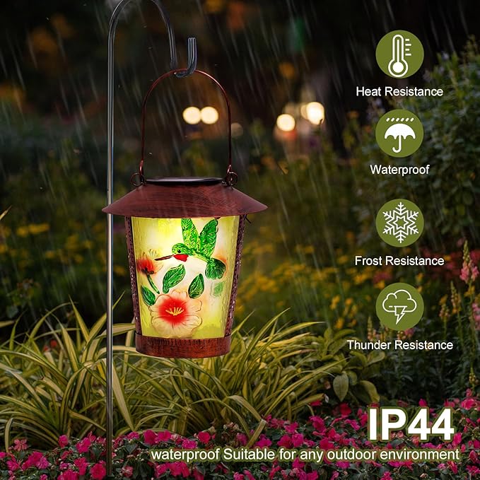 Hanging Solar Lantern Outdoor Decorative Waterproof LED Solar Hummingbird Lights Tabletop Lamp with Hollowed-Out Design for Outdoor Garden Patio Yard Deck Table Porch Pathway Wall