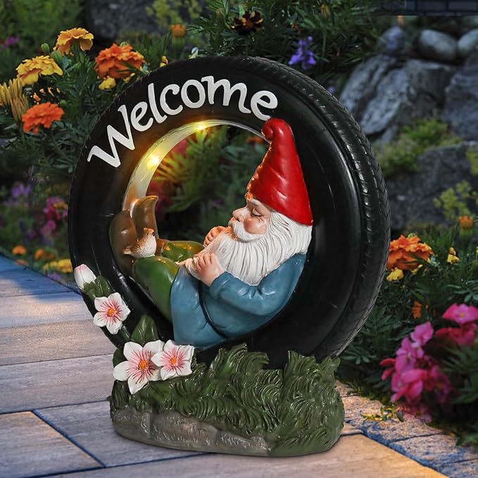 WONDER GARDEN Gnome Garden Decor for Outside - Welcome Gnome Solar Powered LED Light Outdoor Decor, Gnomes Statues Outdoor Funny Resin Garden Sculpture Decorations for Patio, Lawn