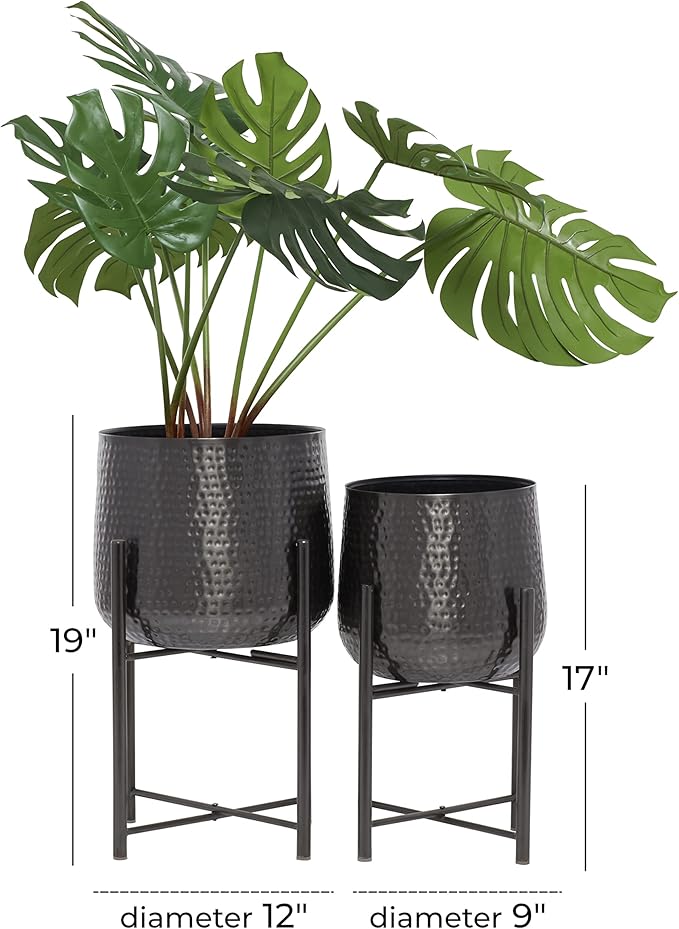 CosmoLiving by Cosmopolitan Metal Indoor Outdoor Planter Large Planter Pot with Removable Stand, Set of 2 Planters 19", 17"H, Black