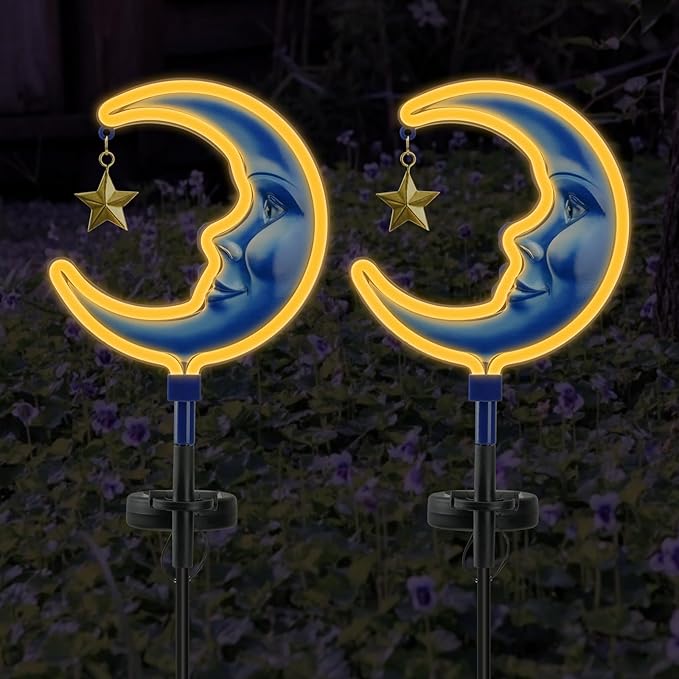 Solar Outdoor Garden Lights - Outdoor Decor Moon Neon Lantern for Patio,Solar Powered Pathway Lights Outdoor Decorative Lights Waterproof Led Landscape Lighting for Pathway,Yard,Lawn(2 Pack)