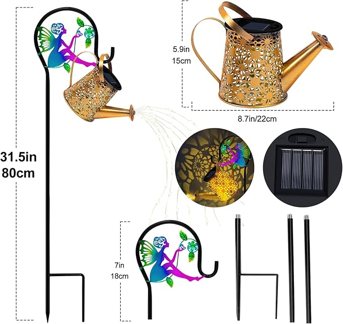 Solar Lights Garden Decorative, Solar Watering Can with Cascading Lights, Waterproof Metal Lantern with Fairy Shepherd Hook, Outdoor Decor for Yard, Patio, Lawn, and Pathway, Gardening Gifts for Mom