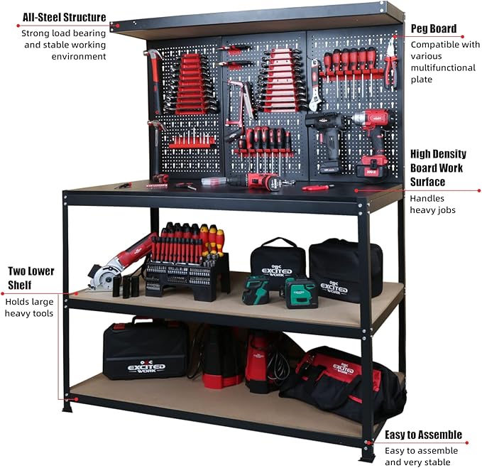 48inch Workbench with Peg Board, Multipurpose Tool Organizer and Work Bench with Double Storage Platform, Workbench in Garage Workshop (48" x 24" x 61")