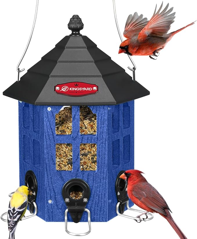 Kingsyard Wild Bird Feeder for Outdoor Hanging, Recycled Plastic Bird Feeders with 6 Ports & U-Shape Perch, Garden Yard Outside Decoration, 3.5 lbs Seed Capacity, Blue