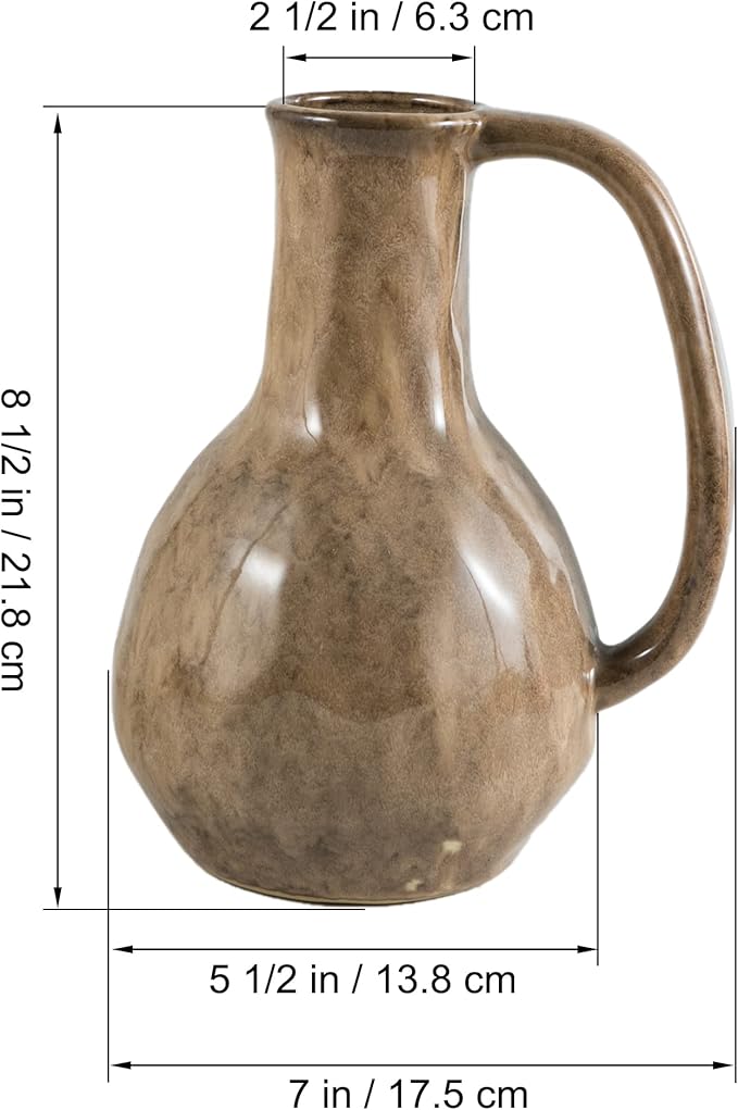 Brown Ceramic Vase with Big Handles, Modern Farmhouse Decor, Rustic Pottery for Flowers, Decorative Terracotta Centerpiece for Dining Table