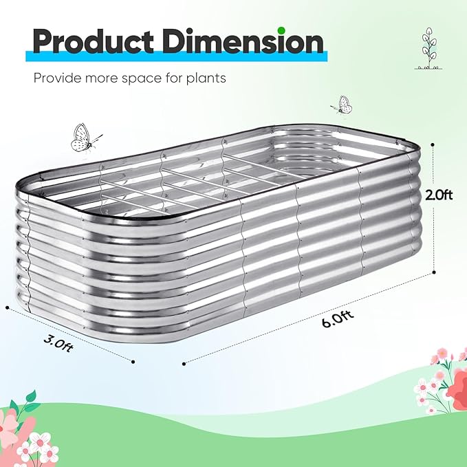 Quictent Raised Garden Bed Kit Oval Galvanized Metal Planter Box Tall for Vegetables Outdoor Backyard, Rubber Strip Edging Included, Silver 6x3x2 ft