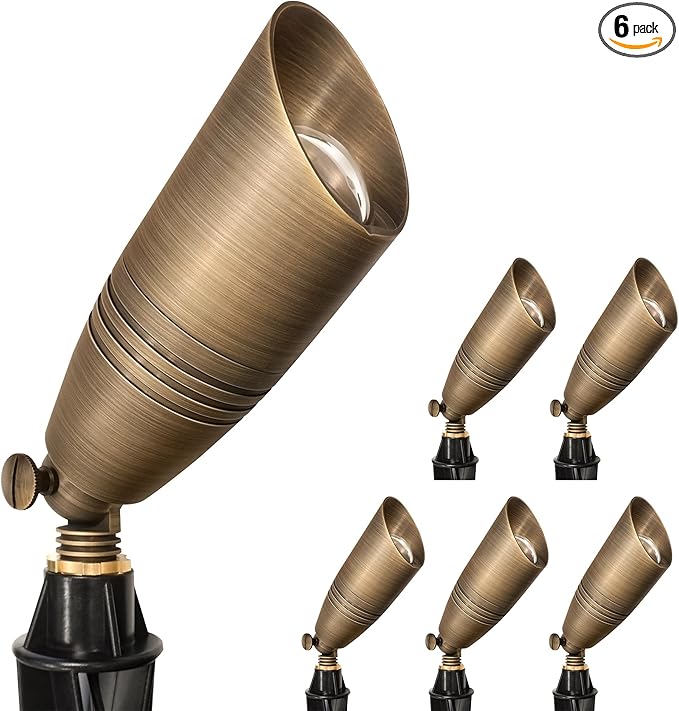 GKOLED 6 Pack Solid Brass Landscape Spotlight, 12V AC/DC Outdoor Low Voltage Landscape Lights, Garden Patio Trees Spot Up Light, Directional LED Uplight Waterproof Fixture with ABS Spike, No MR16 Bulb