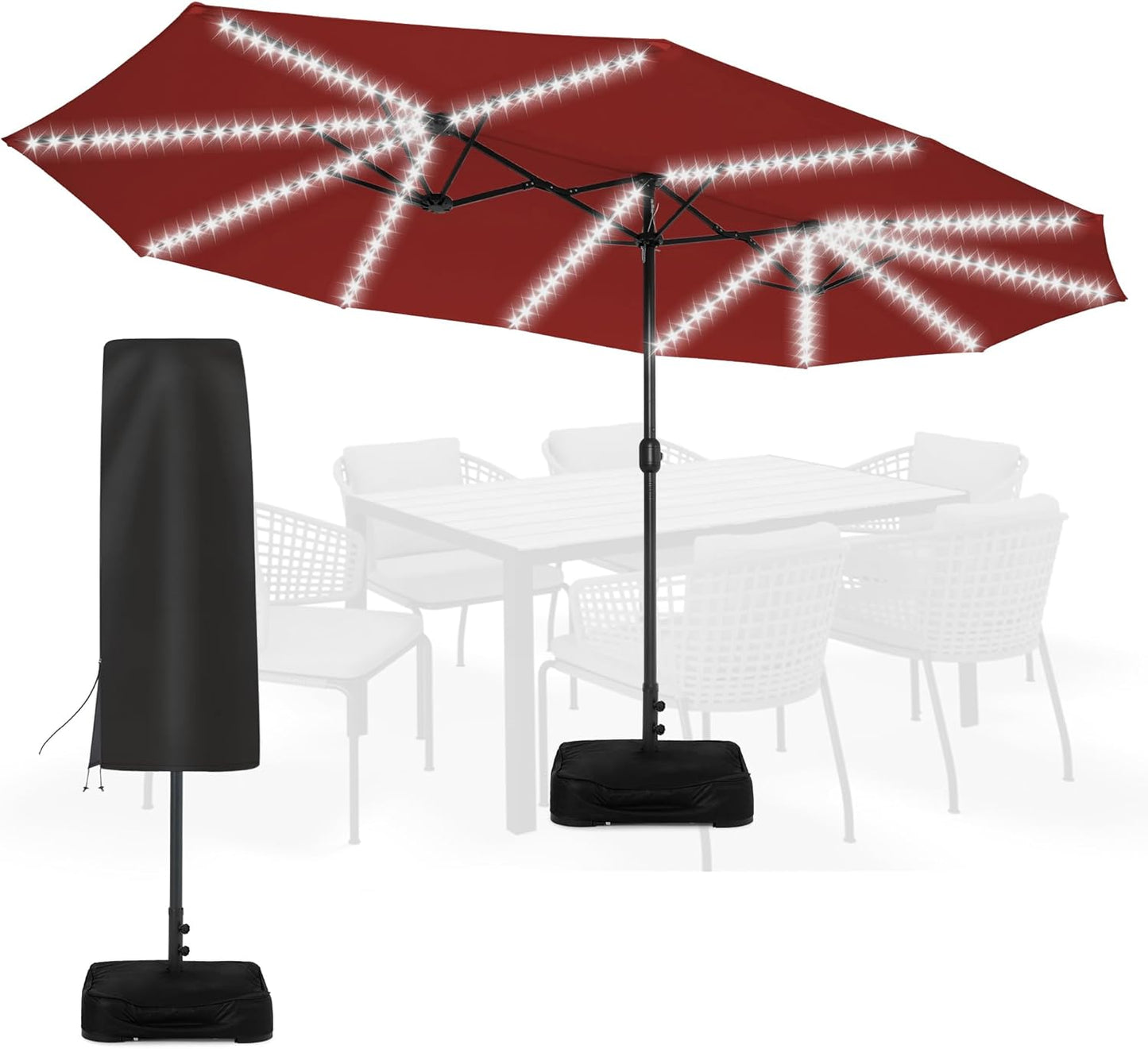 Sundale Outdoor Solar 144 LED 15 ft Patio Umbrella with Sandbag Base Included and Cover, Outdoor Double-Sided Umbrella, Red