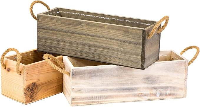 Wooden Planter Box with Handle, Rustic Whitewash, Plastic Liner l Garden Decor l Restaurant and Wedding Decorations l Table Centerpiece (12x4 w Handle Set of 4, Whitewash)