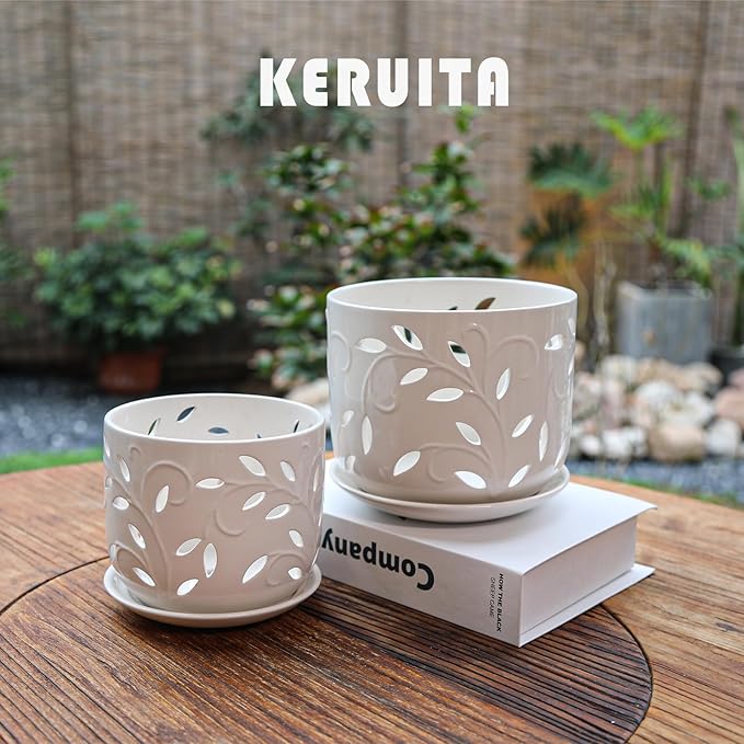 KERUITA Orchid Pots with Holes,6 inch + 5 inch Ceramic Planters Set of 2 with 2 Bottom Tray, Enhanced Drainage and Ventilation,White Flower Pots for Indoor/Outdoor Plants for Repotting