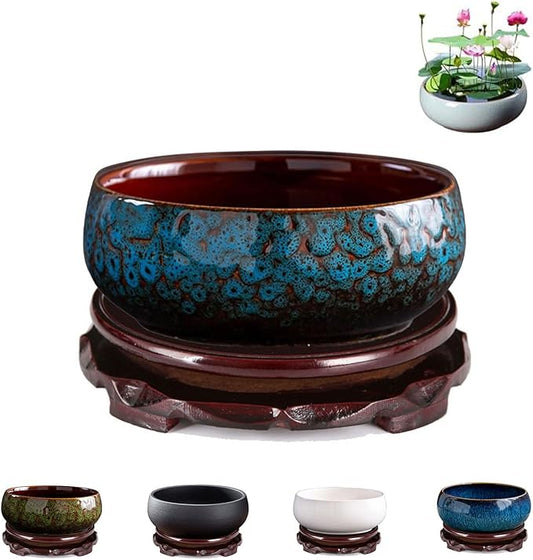 Lotus Bowl Planter, Lotus Bowls for Planting in Water Indoors,6.5-inch Round Succulent Flower Pot with Rotating Bracket, Leak-Proof Design, Suitable for hydroponic Plants, Succulents (Blue)