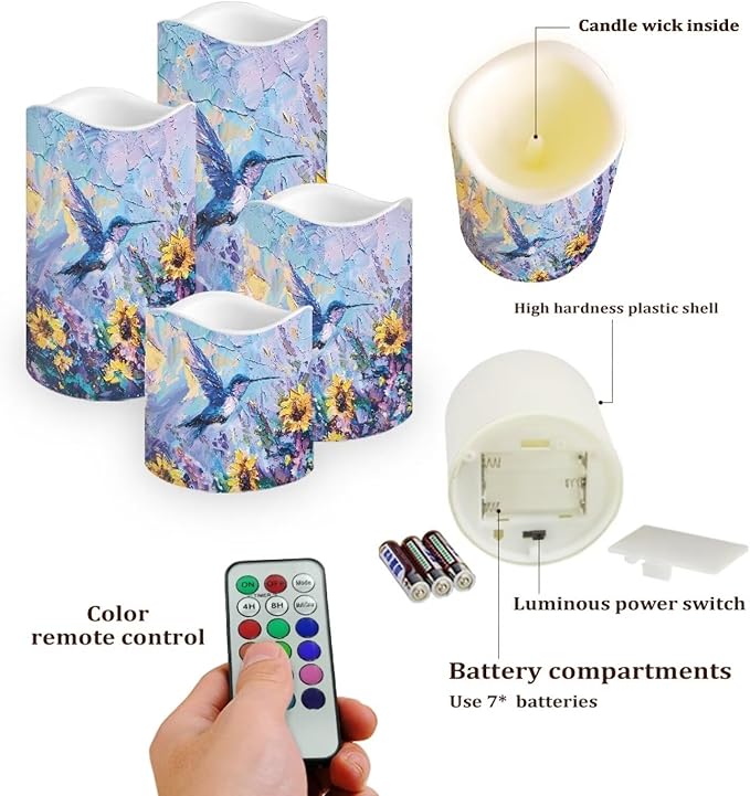 Ystardream Flameless LED Battery Candles Pack of 4 Waterproof Pillar Candles Tealights with 18-Key Timer Remote Colorful Lights for Outdoor Home Decoration Oil Painting Hummingbird