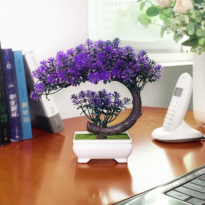 Small Artificial Plants Greenery Desktop Bonsai - Purple Plastic Fake Plants for Home Decor Indoor Bookshelf Office Desk Bathroom Room Decor, Tall 8.5"