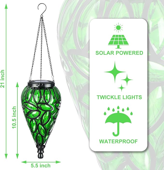 Solar Hanging Lantern Outdoor Lights, Tear-Shaped 15 LEDs Cool White Hanging Lights with S Hooks Decor in Garden, Yard, Pathway, Front Door and Landscape