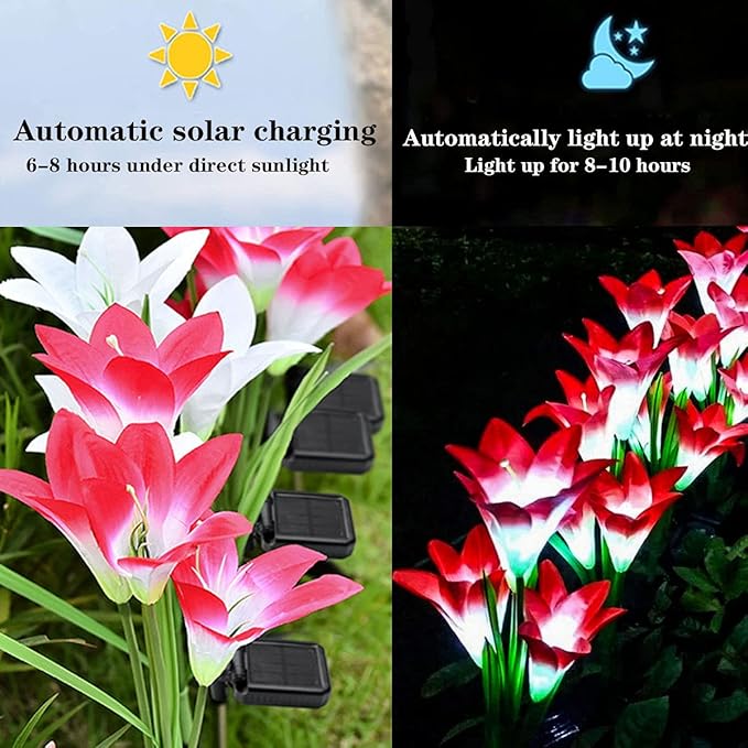 ZYLiWoo-Solar Flower Lights, 6 Pack Outdoor Lily Flower Lights, Multi Color Changing LED 24 Flowers Lily Flower Solar Garden Stakes Flower Lights， for Patio, Lawn, Garden, Yard Decoration