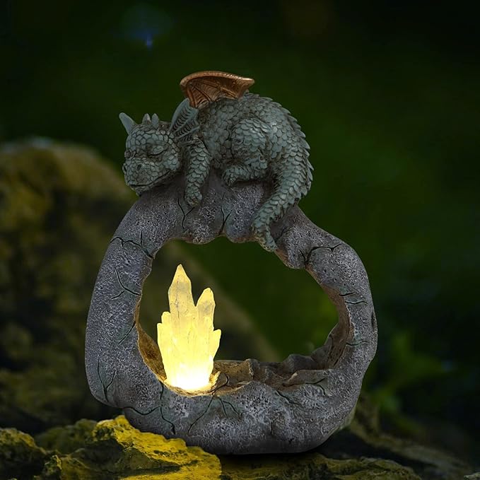 Solar Powered Dragon Statue ，Garden Decor with Crystal LED Lights Handmade Waterproof Resin Dinosaur Outdoor Patio Lawn Sculpture Perfect Christmas (Crystal Dragon)