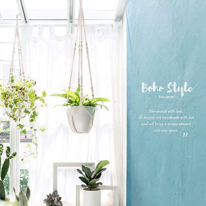 Mkono 43 Inch Macrame Plant Hanger Large for up to 12 Inch Pot Extra Long Hanging Plant Holder No Tassels Hanging Planter Basket with Wood Beads for Indoor Outdoor Boho Home Decor, Ivory, Set of 2