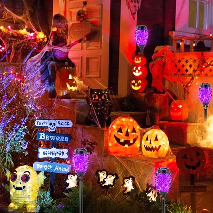 EOYIZW Solar Outdoor Lights, 8 Pack Purple Halloween Decorations Outdoor, Waterproof Mini LED Solar Tiki Torches for Outside Light for Halloween Garden Yard Porch Lawn Decor