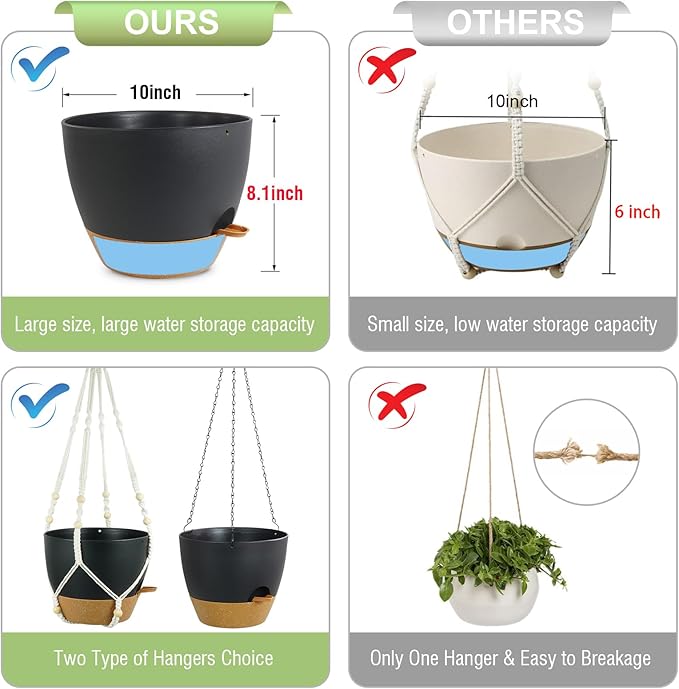 Self Watering Hanging Planters 10 inch, 2 Pack Hanging Flower Pots for Indoor Outdoor Plants, Hanging Baskets with Drainage Holes & 2 Kinds of Plant Hangers for Garden Home Decor, Black Brown