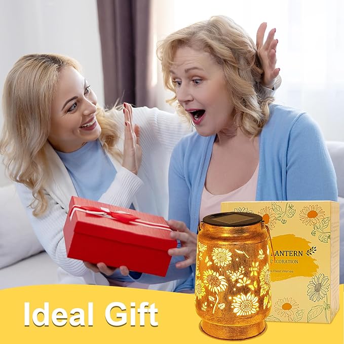 Sunflower Solar Lanterns Garden Decor, Birthday Gifts for Women Mom Grandma Metal Hanging Solar Lights Waterproof Outdoor Decoration LED Lanterns with Shepherd Hook for Outside Garden Yard Patio