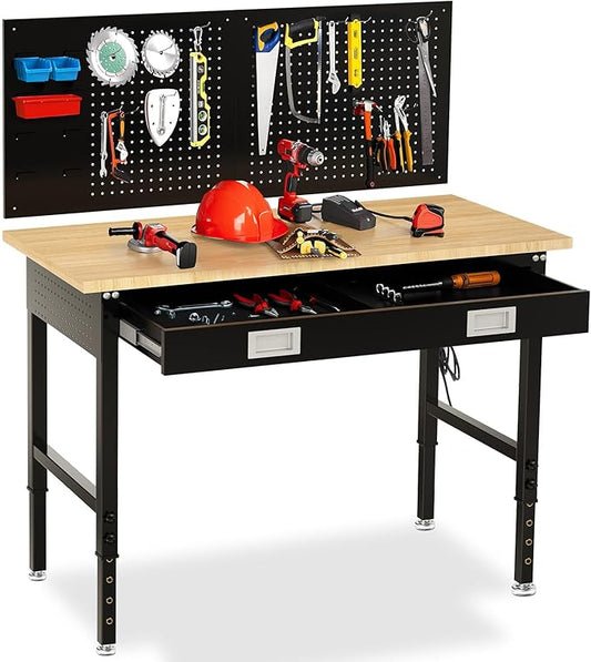 48" Workbench with Drawers, Adjustable Height Work Bench 2000 LBS Heavy-Duty Work Table Rubber Wood Work Station with Power Outlet & Pegboard for Garage, Office, Workshop, Home, Party Shop