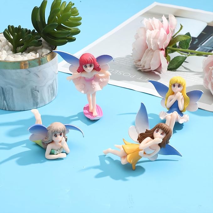 ONEST 4 Pieces Miniature Fairy Garden Accessories Small Fairy Figurines Hand Painted Fairy Figures Girl Fly Wing Figurines for Car Decor Fairy Garden Flower Pot Birthday Cake Topper